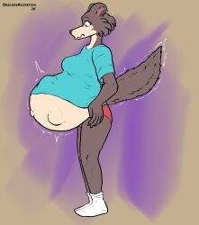  2026 absurd_res anthro beastars belly big_belly blue_clothing blue_shirt blue_t-shirt blue_topwear canid canine canis clothed clothing digital_drawing_(artwork) digital_media_(artwork) female fetal_movement footwear fur grey_body grey_fur hi_res huge_belly humanoid_hands hyper hyper_belly hyper_pregnancy juno_(beastars) looking_at_self looking_down looking_down_at_belly looking_down_at_self mammal mayternity mayternity_2026 navel no_shoes obscureaccretion outie_navel panties pantsless pregnant pregnant_anthro pregnant_female raised_clothing raised_shirt raised_t-shirt raised_topwear red_clothing red_panties red_underwear scared shirt socks solo standing t-shirt tail tan_body tan_fur topwear underwear white_clothing white_footwear white_socks wolf 