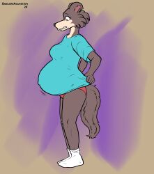  2026 absurd_res anthro beastars belly big_belly blue_clothing blue_shirt blue_t-shirt blue_topwear canid canine canis clothed clothing digital_drawing_(artwork) digital_media_(artwork) female footwear fur grey_body grey_fur hi_res huge_belly humanoid_hands hyper hyper_belly hyper_pregnancy juno_(beastars) looking_down looking_down_at_belly looking_down_at_self mammal mayternity mayternity_2026 navel nervous no_shoes obscureaccretion outie_navel panties pantsless pregnant pregnant_anthro pregnant_female red_clothing red_panties red_underwear shirt socks solo standing t-shirt tail tan_body tan_fur teeth topwear underwear white_clothing white_footwear white_socks wolf 