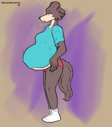  2026 absurd_res anthro beastars belly big_belly blue_clothing blue_shirt blue_t-shirt blue_topwear breath canid canine canis clothed clothing digital_drawing_(artwork) digital_media_(artwork) female footwear fur grey_body grey_fur hi_res huge_belly humanoid_hands hyper hyper_belly hyper_pregnancy juno_(beastars) mammal mayternity mayternity_2026 navel no_shoes obscureaccretion outie_navel panties pantsless pregnant pregnant_anthro pregnant_female raised_clothing raised_shirt raised_t-shirt raised_topwear red_clothing red_panties red_underwear shirt sigh socks solo standing t-shirt tail tan_body tan_fur topwear underwear white_clothing white_footwear white_socks wolf 