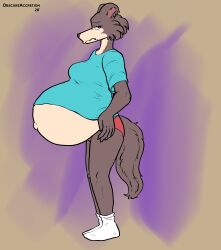  2026 absurd_res anthro beastars belly big_belly blue_clothing blue_shirt blue_t-shirt blue_topwear canid canine canis clothed clothing digital_drawing_(artwork) digital_media_(artwork) female footwear fur grey_body grey_fur hi_res huge_belly humanoid_hands hyper hyper_belly hyper_pregnancy juno_(beastars) looking_at_viewer mammal mayternity mayternity_2026 navel no_shoes obscureaccretion outie_navel panties pantsless pregnant pregnant_anthro pregnant_female raised_clothing raised_shirt raised_t-shirt raised_topwear red_clothing red_panties red_underwear shirt socks solo standing t-shirt tail tan_body tan_fur topwear underwear white_clothing white_footwear white_socks wolf 