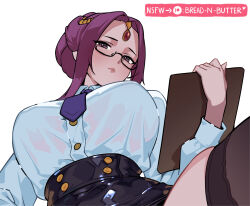  absurdres alternate_costume artist_name black-framed_eyewear black_skirt bread-n-butter breasts brown_thighhighs clipboard closed_mouth commentary convenient_censoring english_commentary female forehead glasses high-waist_skirt highres holding holding_clipboard huge_breasts long_sleeves looking_at_viewer looking_down mirelia_q_melromarc necktie out-of-frame_censoring paid_reward_available purple_eyes purple_hair purple_necktie secretary semi-rimless_eyewear shirt shirt_tucked_in short_hair_with_long_locks simple_background skindentation skirt solo tate_no_yuusha_no_nariagari thighhighs under-rim_eyewear white_background white_shirt 