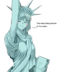  1girls animate_inanimate armpits blush blushing book breasts closed_eyes clothed clothes clothing embarrassed english_text eyebrows eyelashes eyes_closed female female_only holding holding_book holding_object human human_only humanoid inanimate liberty meme simple_background solo solo_female statue statue_of_liberty text white_background 