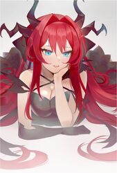  atelier_live black_dress blue_eyes blush breasts cleavage dragon_horns dress elbow_gloves english_commentary female gloves hair_intakes highres horns kuzuryu_io lying medium_breasts multiple_horns open_mouth red_hair single_glove smile solo virtual_youtuber yoru_(yowuyoru) 