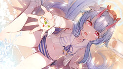  beach bikini blue_archive blue_bikini blue_hair blue_halo breasts camisole chise_(blue_archive) chise_(swimsuit)_(blue_archive) collarbone commentary_request crab crab_on_head dutch_angle female flower hair_flower hair_ornament halo highres horns long_hair navel official_alternate_costume on_head oni oni_horns open_mouth paid_reward_available pink_eyes reaching reaching_towards_viewer ribbon sailor_bikini sailor_collar seashell see-through see-through_camisole shell side-tie_bikini_bottom side_ponytail sidelocks sitting small_breasts solo striped_bikini striped_clothes swimsuit very_long_hair wariza white_ribbon white_sailor_collar wrist_ribbon yellowpaint. 