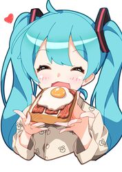  ahoge alternate_costume aqua_hair bacon bread closed_eyes commentary eating egg facing_viewer female food fuusen_neko hatsune_miku heart highres holding holding_food long_hair long_sleeves open_mouth pajamas simple_background solo twintails upper_body vocaloid white_background 