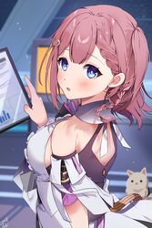  :o armlet asta_(honkai:_star_rail) back_cutout bare_shoulders blue_eyes blush braid breasts canine clothing_cutout commentary detached_sleeves dress facing_to_the_side female french_braid hair_ornament holding holding_tablet_pc honkai:_star_rail honkai_(series) indoors looking_at_viewer medium_breasts omuretsu one_side_up open_mouth peppy_(honkai:_star_rail) pink_hair short_sleeves sideboob sleeveless sleeveless_dress solo standing tablet_pc upper_body 