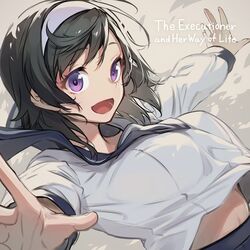  black_hair breasts copyright_name english_text female hairband highres large_breasts logo looking_at_viewer nilitsu official_art open_mouth outstretched_arms purple_eyes second-party_source shadow shirt shokei_shoujo_no_virgin_road short_hair simple_background smile solo spread_arms tokitou_akari white_shirt 