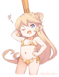  ;d arm_up artist_name bare_arms bare_shoulders bikini blonde_hair blue_eyes breasts charlotta_(granblue_fantasy) commentary cowboy_shot cropped_legs crown female gold_bikini granblue_fantasy groin hair_between_eyes hand_on_own_hip harvin heart jingai_modoki light_blush long_hair looking_at_viewer navel one_eye_closed open_mouth pointy_ears side-tie_bikini_bottom simple_background small_breasts smile smug solo stomach string_bikini swimsuit tall_crown twitter_username very_long_hair white_background 