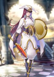  baggy_pants blazblue blazblue_alternative:_dark_war blue_eyes blush book breasts dagger female gloves hair_tubes hat helmet highres knife long_hair looking_at_viewer mino_tarou official_art pants red_hair shield solo sword third-party_source tsubaki_yayoi weapon winged_hat winged_helmet 