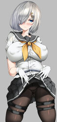  absurdres blue_eyes blush breasts closed_mouth clothes_lift covered_nipples cowboy_shot female gloves grey_hair hair_ornament hair_over_one_eye hairclip hamakaze_(kancolle) highres kantai_collection large_breasts looking_away medium_hair miniskirt neckerchief panties panties_under_pantyhose pantyhose pleated_skirt school_uniform serafuku short_sleeves simple_background skindentation skirt skirt_lift solo torisan underwear white_gloves yellow_neckerchief 