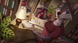  anthro book bookshelf canid canine canis elkir female furniture hi_res investigation journal kuroame lamp lamp_shade legend_of_ahya mammal mask mirror mirror_reflection murana_wolford_(darkflame-wolf) notes plant reflection solo vanity_(furniture) vanity_mirror vigilante wolf 