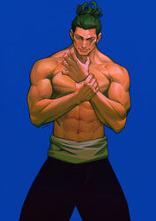  1boy abs artist_name biceps black_eyes black_hair black_pants blue_background c_home cowboy_shot hands_up highres holding_own_arm jujutsu_kaisen looking_at_viewer male_focus muscular muscular_male navel nipples pants parted_lips pectorals scar scar_across_eye scar_on_face short_hair simple_background smile solo standing topless_male toudou_aoi_(jujutsu_kaisen) 