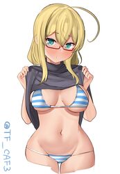  absurdres ahoge bikini blonde_hair blue_bikini blue_eyes breasts clothes_lift cowboy_shot female glasses grey_shirt highres i-8_(kancolle) kantai_collection large_breasts lifting_own_clothes low_twintails lowleg lowleg_bikini navel one-hour_drawing_challenge shirt shirt_lift simple_background solo striped_bikini striped_clothes swimsuit tf_cafe turtleneck twintails twitter_username white_background 