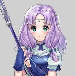  aqua_eyes blue_dress blue_gloves blush circlet commentary_request dress female fingerless_gloves fire_emblem fire_emblem:_the_blazing_blade florina_(fire_emblem) gloves grey_background holding holding_polearm holding_weapon long_hair looking_at_viewer maji_(majibomber) parted_lips polearm purple_hair short_sleeves simple_background solo upper_body weapon 