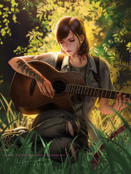  acoustic_guitar artist_name backpack bag blood blood_on_clothes blood_on_face brown_hair commentary day ellie_(the_last_of_us) english_commentary facing_viewer female grass guitar highres instrument liang_xing lips nose outdoors parted_lips patreon_username photoshop_(medium) short_hair signature sitting solo swept_bangs tattoo the_last_of_us_(series) the_last_of_us_2 torn_clothes watermark web_address 