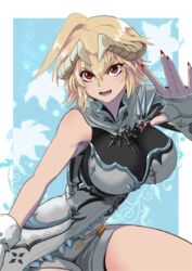  bad_anatomy blonde_hair blue_background breasts female final_fantasy final_fantasy_xiv fingerless_gloves fujioka_yatsufusa gloves hair_between_eyes hand_up horns krushu_cornou large_breasts looking_at_viewer open_mouth pixiv_fantasia pixiv_fantasia_last_saga red_eyes red_nails short_hair solo warrior_of_light_(ff14) 