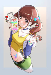  belt black_belt blue_choker blunt_bangs blush bow breasts brown_eyes brown_hair choker cleavage clenched_teeth collarbone commentary cup earrings female food green_shorts hair_ornament hairbow healin&#039;_good_precure heart heart_hair_ornament highres hiramitsu_hinata holding holding_cup ice_cream jewelry looking_at_viewer midriff multicolored_bow nail_polish navel precure rumo shirt short_hair shorts smile solo spoken_heart stomach_tattoo symbol-only_commentary tattoo teeth twintails yellow_nails yellow_shirt 