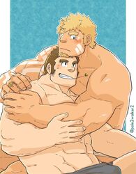  2boys arm_tattoo bandaid bandaid_on_cheek bandaid_on_face bara black_male_underwear blonde_hair blush briefs bulge couple dark-skinned_male dark_skin doga_(f-kare) facial_hair goatee hand_on_another&#039;s_shoulder head_on_head head_rest highres hug jewelry leopard_(f-kare) long_sideburns lying_on_person male_focus male_underwear mature_male mouth_hold multiple_boys muscular muscular_male navel navel_hair non-web_source on_person pectoral_pillow pectorals pole2walker2 ring short_hair shoukan_yuusha_to_f-kei_kareshi sideburns smile stalk_in_mouth stubble tattoo thick_eyebrows topless_male underwear underwear_only yaoi 