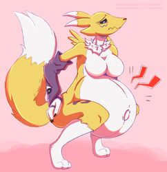  anthro armwear armwear_only bandai_namco belly big_belly breasts bridal_gauntlets bridal_gauntlets_only canid clothing digimon digimon_(species) digital_media_(artwork) female freddymartin fur hi_res mammal mostly_nude navel pregnant pregnant_anthro pregnant_female renamon solo 