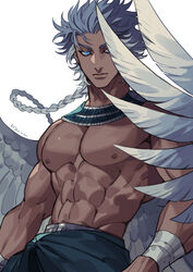  1boy abs artist_name azaya_(kuroi_azaya) bara bird_boy bird_wings blue_eyes blue_hair bracer braid braided_ponytail closed_mouth colored_sclera colored_tips dark-skinned_male dark_skin egyptian egyptian_clothes feathered_wings grey_hair grey_sclera grey_wings long_hair looking_at_viewer male_focus multicolored_hair muscular muscular_male original personification simple_background solo topless_male upper_body usekh_collar white_background wings 