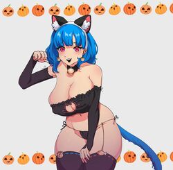  arm_up bell black_sleeves black_thighhighs borrowed_character bra breasts cat_cutout cat_lingerie cat_tail cleavage cleavage_cutout clothing_cutout detached_sleeves earrings elradrien female frilled_bra frills highres jack-o&#039;-lantern jewelry large_breasts looking_at_viewer meme_attire neck_bell open_mouth original red_eyes rina_atherina shadow skindentation smile tail thighhighs underwear 