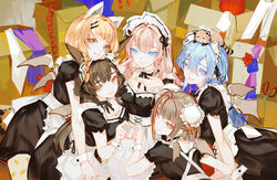  5girls animalization anya_pandaria atelier_live black_dress blue_eyes blue_hair breasts brown_hair bun_cover chai_(vtuber) cleavage cleavage_cutout clothing_cutout dress eris_elysia europa_yuu genderswap_(mtf) hair_between_eyes heart heart_hands heart_hands_duo highres kuzuryu_io long_hair looking_at_viewer multiple_girls pink_hair red_panda_ears red_panda_girl rule_63 smile softmode tsubaki_(juwei) virtual_youtuber wrist_cuffs 