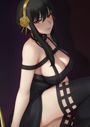  bangs bare_shoulders black_dress black_hair black_legwear blush breasts closed_mouth dark_background dress evan_yang eyebrows_visible_through_hair female flower from_side gold_hairband hair_between_eyes hair_flower hair_ornament highres knee_up large_breasts long_hair looking_at_viewer off-shoulder_dress off_shoulder red_eyes red_lips rose shadow sidelocks sitting solo spikes spy_x_family swept_bangs thighhighs thighs yor_briar 