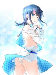  ass back bare_shoulders black_hair blue_background blue_eyes blue_ribbon blush breasts coffeekite dress fate/grand_order fate/requiem fate_(series) female fundoshi highres japanese_clothes long_sleeves looking_at_viewer looking_back magatama magatama_hair_ornament medium_hair multicolored_hair open_mouth pelvic_curtain pink_hair puffy_long_sleeves puffy_sleeves ribbon seigaiha short_dress sideless_outfit sidelocks solo streaked_hair thighs utsumi_erice white_dress 