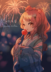  alternate_costume brown_eyes brown_hair candy_apple female fireworks food japanese_clothes kantai_collection kimono long_hair looking_at_viewer night object_on_head one-hour_drawing_challenge solo striped_clothes striped_kimono stuffed_animal stuffed_dolphin stuffed_fish stuffed_toy wavy_hair wss_(nicoseiga19993411) yashiro_(kancolle) yukata 