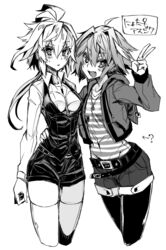  2girls ? ahoge arm_around_waist artist_name astolfo_(fate) astolfo_(memories_at_trifas)_(fate) belt belt_buckle breasts buckle commentary_request cowboy_shot cropped_jacket cropped_legs fate/apocrypha fate_(series) genderswap_(mtf) greyscale hair_between_eyes haoro highres jacket long_sleeves looking_at_viewer medium_breasts monochrome multiple_girls oerba_yun_fang official_alternate_costume open_mouth pantyhose rule_63 shirt short_hair shorts sieg_(fate) simple_background skin_fang striped_clothes striped_shirt thighhighs tongue twitter_username v vest watermark white_background 