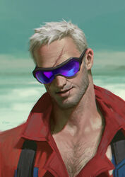  1boy bara beard blurry blurry_background c_home chest_hair facial_hair grillmaster:_76 highres male_focus mature_male muscular muscular_male old old_man overwatch overwatch_1 partially_unbuttoned pectoral_cleavage pectorals portrait realistic red_shirt scar scar_on_face scar_on_forehead scar_on_mouth shirt short_hair smile soldier:_76_(overwatch) solo sunglasses upper_body water wrinkled_skin 