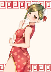  absurdres baozi bun_cover china_dress chinese_clothes double_bun dress dumpling eating female food green_eyes green_hair hair_bun highres idolmaster idolmaster_shiny_colors looking_back nanakusa_hazuki red_dress short_hair simple_background solo sophiaenju standing 