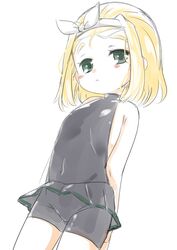  arms_behind_back bad_id bad_twitter_id black_skirt black_wetsuit blonde_hair bodysuit cowboy_shot diving_suit female flat_chest green_eyes hairband highres inactive_account kantai_collection looking_at_viewer luigi_torelli_(kancolle) nassukun simple_background skirt solo standing turtleneck wetsuit white_background 