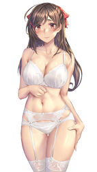  ahoge blush bra breasts brown_eyes brown_hair cleavage closed_mouth collarbone cowboy_shot female garter_belt hair_ornament hair_ribbon hairclip highres kantai_collection kokuzou large_breasts lingerie long_hair looking_at_viewer mamiya_(kancolle) panties panties_over_garter_belt red_ribbon ribbon simple_background solo thighhighs underwear white_background white_bra white_panties white_thighhighs 