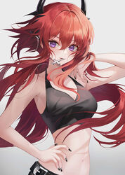  arknights arm_up armpits bare_arms bare_shoulders belt black_nails breasts crop_top cross female floating_hair halterneck hand_on_own_hip horn_ornament horns long_hair looking_at_viewer medium_breasts midriff mouth_hold nail_polish navel purple_eyes red_hair shaffelli sleeveless solo stomach surtr_(arknights) upper_body 