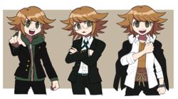  1boy :d black_jacket black_pants brown_background brown_eyes brown_hair collarbone collared_shirt commentary cosplay cropped_legs cross_tie crossed_arms danganronpa:_trigger_happy_havoc danganronpa_(series) dress_shirt fujisaki_chihiro furukawa_(yomawari) glasses green_hoodie hagakure_yasuhiro hagakure_yasuhiro_(cosplay) highres hood hoodie jacket male_focus multiple_views naegi_makoto naegi_makoto_(cosplay) open_clothes open_jacket open_mouth pants pointing pointing_at_viewer shirt short_hair smile standing togami_byakuya togami_byakuya_(cosplay) white_shirt zipper 