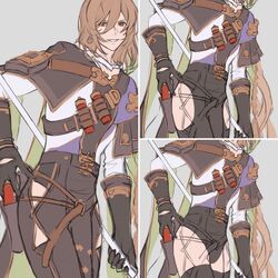  1boy belt black_legwear black_male_underwear bracelet braid brown_eyes brown_hair clothing_cutout commentary_request earrings gloves granblue_fantasy grey_background highres holding holding_weapon jewelry kakaki_28 lamorak_(granblue_fantasy) long_bangs long_hair looking_to_the_side male_focus male_underwear shirt single_earring smile thigh_cutout thighhighs thighs underwear unworn_clothes variations vial weapon white_shirt 