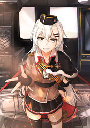  absurdres aircraft asymmetrical_legwear black_legwear black_skirt breasts collarbone cowboy_shot female fingerless_gloves girls&#039;_frontline gloves grey_eyes grey_hair griffin_&amp;_kryuger hair_between_eyes hair_ornament hairclip hand_on_own_hip hat helicopter highres holster id_card long_hair long_sleeves looking_at_viewer medal miniskirt muteppona_hito open_hand parted_lips pleated_skirt skirt smile solo standing svd_(girls&#039;_frontline) teeth thigh_holster thighhighs uh-60_blackhawk uneven_legwear weapon_case 