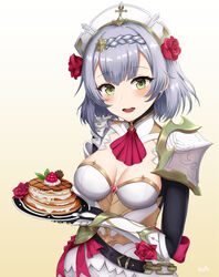  absurdres armor armored_dress baretto_(barettoarts) belt blush braid braided_bangs breasts cleavage dress female flower food gauntlets genshin_impact green_eyes grey_hair headpiece highres large_breasts lighter-than-air_pancake_(genshin_impact) long_sleeves looking_at_viewer maid maid_headdress noelle_(genshin_impact) open_mouth pancake pancake_stack pauldrons plate rose short_hair shoulder_armor smile solo white_dress 