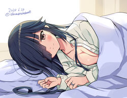  black_hair blush breasts brown_eyes cleavage collarbone commentary_request dated female fingernails hair_over_one_eye hayashimo_(kancolle) jewelry kantai_collection long_hair long_sleeves looking_at_viewer odawara_hakone one-hour_drawing_challenge open_clothes open_shirt ring shirt smile solo twitter_username wedding_ring white_shirt 