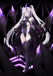  absurdres bare_shoulders black_background black_leotard black_sleeves black_thighhighs blue_oath breasts covered_navel covered_nipples demon_horns detached_sleeves female gem glowing hair_over_one_eye high_heels highres horns large_breasts leotard long_hair long_sleeves looking_at_viewer original pale_skin purple_eyes purple_nails revealing_clothes rock sideboob sideless_outfit smile solo standing thighhighs two_side_up very_long_hair white_hair wide_sleeves yukizuki_chikuba 