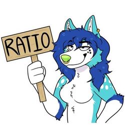  1:1 anthro blue_body blue_fur bluefolf_(fursona) breasts canid canine canis digital_media_(artwork) ear_piercing eyebrow_through_hair eyebrows facial_piercing featureless_chest female fox fur gjaravont green_nose grin hair holding_object humor hybrid lol_comments looking_at_viewer mammal meme nose_piercing nose_ring picket_sign piercing ratio_(meme) reaction_image ring_piercing septum_piercing sign simple_background smile solo sparklefur telegram_sticker text_on_sign trans_(lore) trans_woman_(lore) translucent translucent_hair white_background white_body white_fur wolf 