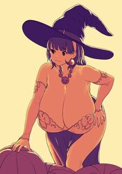  absurdres breasts cleavage cowboy_shot curvy detached_sleeves earrings erkaz female gigantic_breasts halloween halloween_costume hand_on_own_hip hat hat_belt highres jewelry limited_palette medium_hair necklace original pumpkin rina_atherina side_slit skirt solo thick_thighs thighs unfinished witch_hat yellow_background 