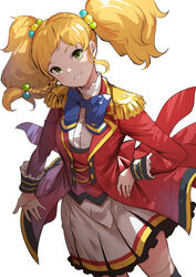  aikatsu!_(series) aikatsu_stars! black_thighhighs blonde_hair blue_bow blush bow bowtie coat commentary cowboy_shot dress_shirt epaulettes female fringe_trim from_above green_eyes hair_bobbles hair_ornament hand_on_own_hip head_tilt high_collar highres koruse long_hair long_sleeves looking_at_viewer nikaido_yuzu over-kneehighs parted_bangs petticoat pleated_skirt red_coat red_vest s4_uniform shirt sidelocks simple_background single_stripe skirt sleeve_cuffs smile solo standing striped_clothes striped_skirt striped_thighhighs tailcoat teeth thighhighs twintails vest waistcoat white_background white_shirt white_skirt 