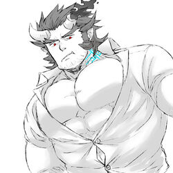  1boy bara body_markings broken_horn bursting_pectorals collared_shirt demon_boy demon_horns facial_hair from_below frown horns large_pectorals long_sideburns looking_at_viewer male_focus mature_male mugi_(pixiv_187163) muscular muscular_male oerba_yun_fang partially_unbuttoned pectoral_cleavage pectorals red_eyes shirt short_hair sideburns solo spot_color stubble takemaru_(housamo) thick_eyebrows tokyo_afterschool_summoners upper_body 