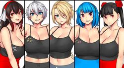  5girls abigail_fahrenheit black_hair black_hairband blonde_hair blue_eyes blue_hair breasts cleavage erkaz flower gradient_hair grey_hair hair_between_eyes hair_flower hair_ornament hairband highres huge_breasts karinka_katyusha_(erkaz) midriff multicolored_hair multiple_girls navel one_eye_closed original parted_lips red_eyes red_flower red_hair red_hairband rey_tannhauser_(erkaz) rina_atherina scar scar_across_eye simple_background smile white_background yukihana_(erkaz) 