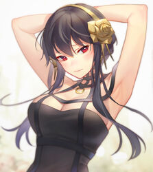  armpits arms_behind_head arms_up bare_arms bare_shoulders black_dress black_hair blush breasts cleavage closed_mouth collarbone dress earrings eyelashes female flower furrowed_brow gold_earrings gold_hairband hair_between_eyes hair_flower hair_ornament hairband head_tilt highres jewelry large_breasts long_hair looking_at_viewer md5_mismatch multi-strapped_dress okitanation red_eyes resolution_mismatch rose sidelocks sleeveless sleeveless_dress solo source_larger spy_x_family upper_body yellow_hairband yor_briar 