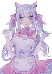  animal_ear_fluff animal_ears apron bare_shoulders bow breasts cat_ears cat_girl cat_tail commentary_request ear_piercing fangs female frilled_apron frilled_skirt frills gloves grey_eyes hair_between_eyes hair_ornament hairbow hands_up long_hair looking_at_viewer medium_breasts minamiya_mia multicolored_hair open_mouth original piercing pink_bow pink_hair pink_skirt shirt skirt sleeveless sleeveless_shirt solo streaked_hair striped_bow striped_clothes striped_skirt tail twintails vertical-striped_clothes vertical-striped_skirt very_long_hair waist_apron wavy_mouth white_apron white_gloves white_hair white_shirt 