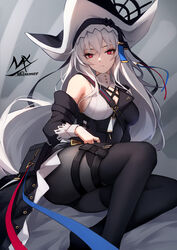  arknights bare_shoulders bear_hat black_hat black_pantyhose black_sleeves breasts closed_mouth clothing_request detached_sleeves female grey_hair hair_between_eyes hat highres large_breasts long_hair looking_at_viewer official_alternate_costume pantyhose red_eyes shimmer sitting solo specter_(arknights) specter_the_unchained_(arknights) split_mouth very_long_hair 