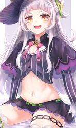  :d absurdres arched_bangs bad_id bad_pixiv_id black_capelet black_hat black_skirt blush bow bowtie breasts capelet cleavage commentary cone_hair_bun cowboy_shot cropped_shirt female flat_chest grey_hair grey_shirt groin hair_bun hair_ornament half_updo hat highres hololive karashi_(asarikarasi) long_hair long_sleeves looking_at_viewer lowleg lowleg_skirt midriff miniskirt murasaki_shion murasaki_shion_(1st_costume) navel open_mouth pink_bow pink_bowtie pinstripe_pattern pinstripe_shirt shirt short_eyebrows sidelocks signature single_hair_bun single_side_bun sitting skirt smile solo star_(symbol) stomach striped_clothes striped_shirt teeth thighhighs thighlet tilted_headwear upper_teeth_only vertical-striped_clothes vertical-striped_shirt virtual_youtuber witch_hat yellow_eyes zettai_ryouiki 